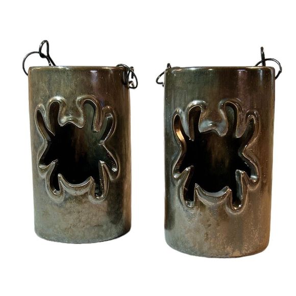 Set of 2 Dark Iridescent Ceramic Spider Cutout Shaped Hanging Candle Lanterns - Picture 1 of 8